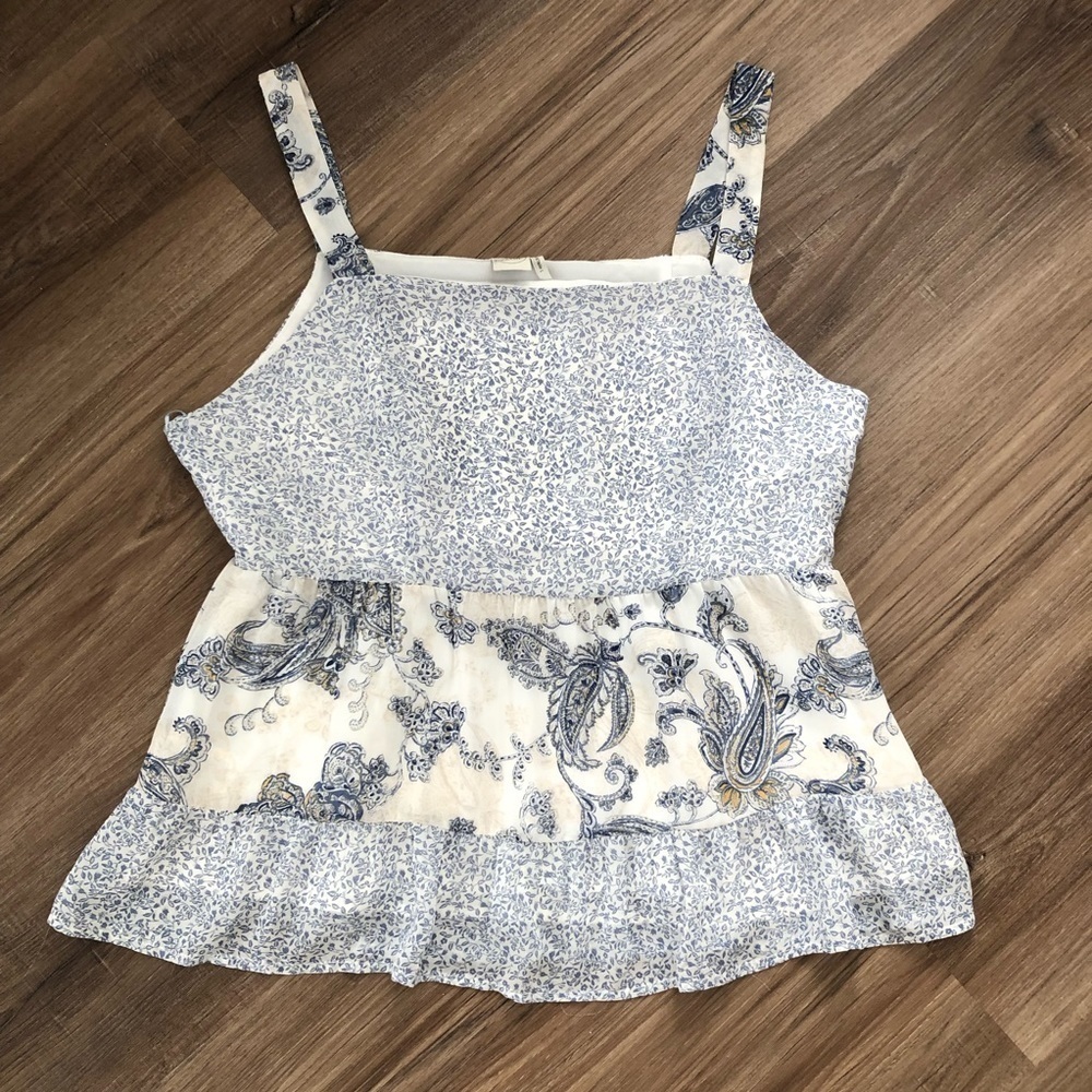 PAPER CRANE white and blue floral baby doll tank top size Large